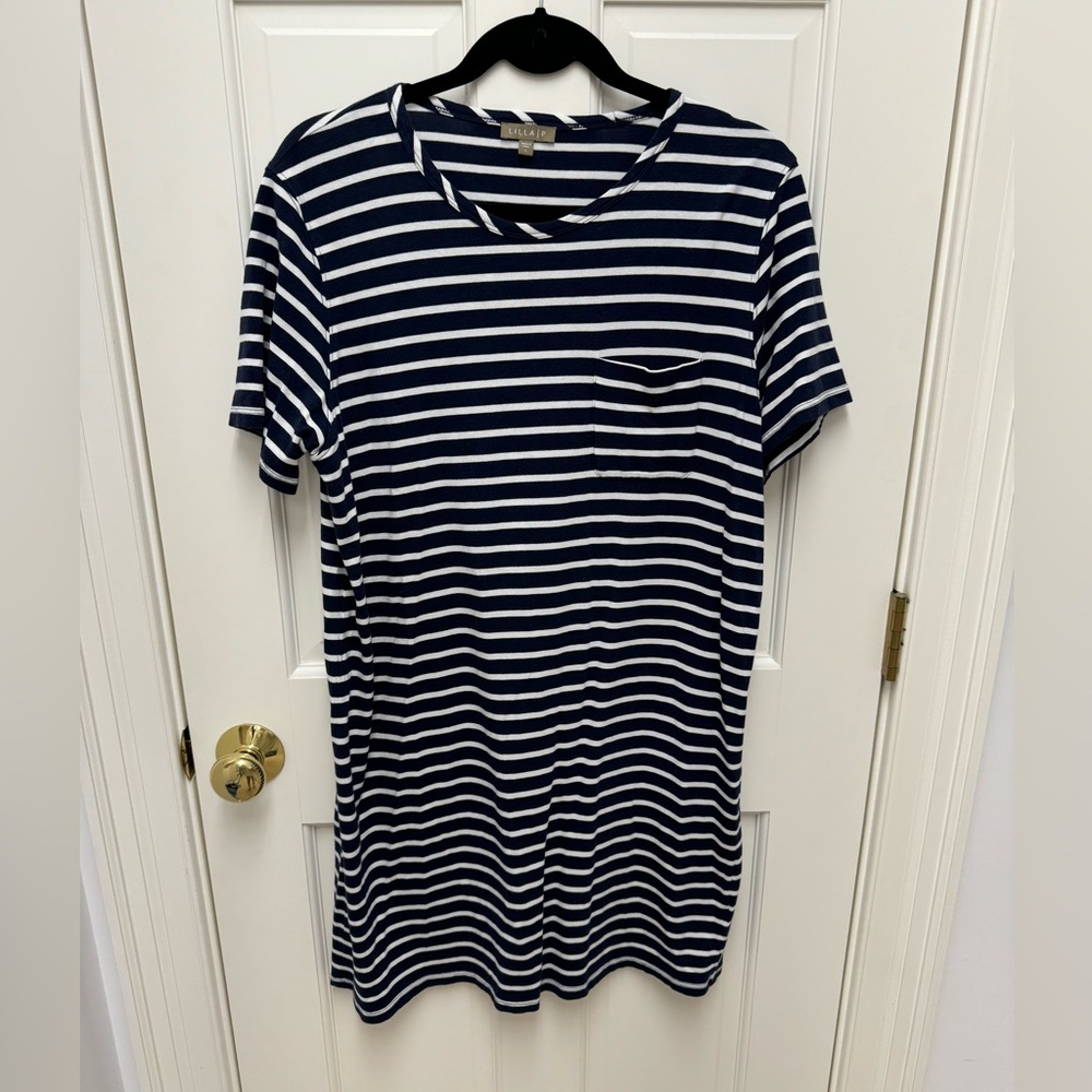 Lilla P Short Sleeve Perfect Pocket Dress Navy Blue and White Stripe Sz Large